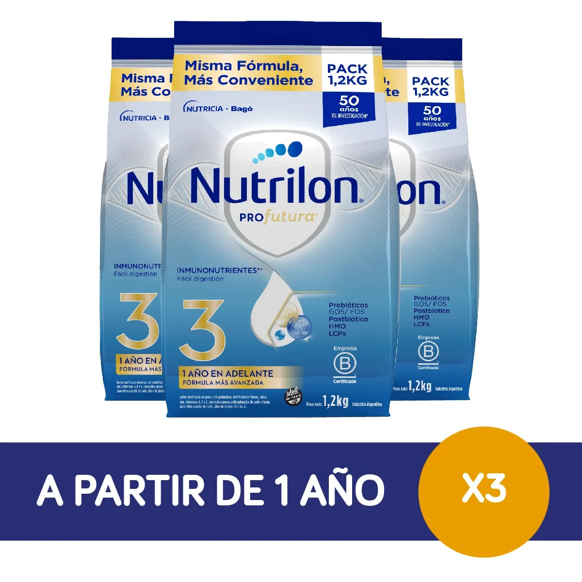 Nutrilon etapa 3, 3 pouch de 1 kg cada uno